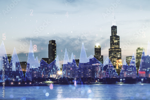 Abstract virtual analytics data spreadsheet on Chicago cityscape background, analytics and analysis concept. Multiexposure