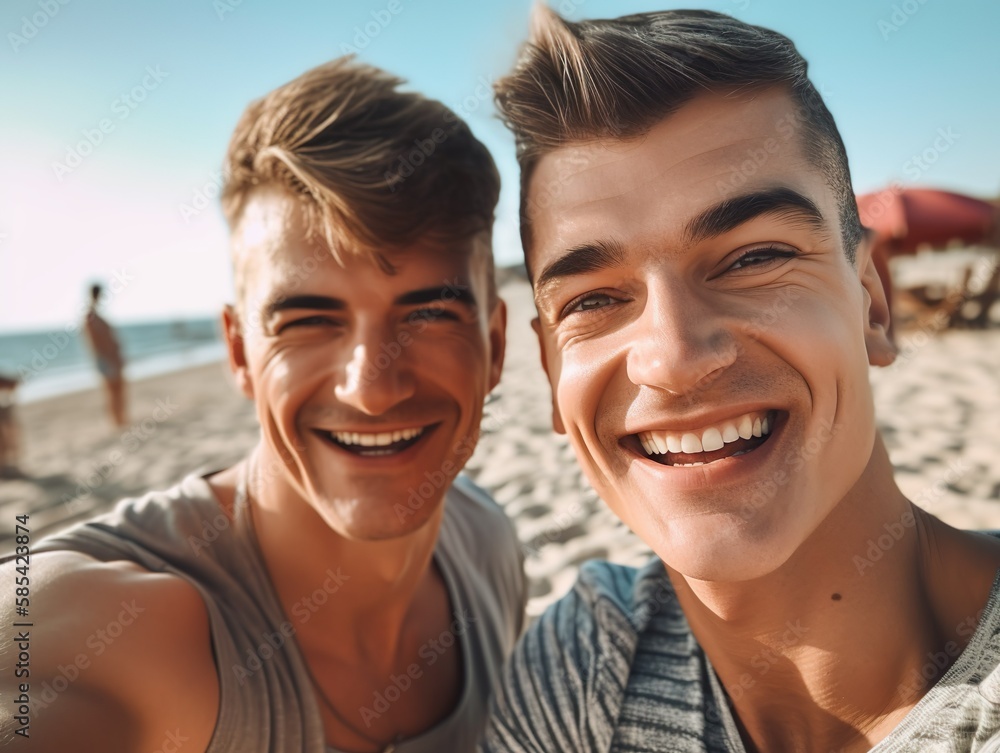 gay caucasian couple taking a selfie at the beach generative AI gay caucasian couple taking a selfie at the beach generative AI
