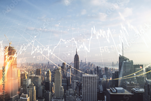 Multi exposure of virtual creative financial chart hologram on New York skyscrapers background, research and analytics concept