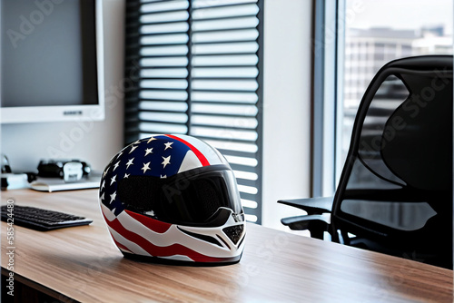Red racing helmet with USA flag for motorbike scooters, sports and touring car driver in modern white office. photo
