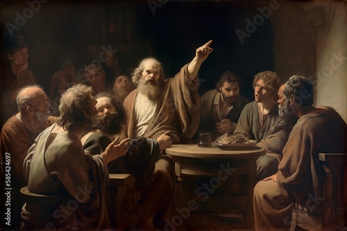 digital illustration of Socrates preaching philosophy in Athens, detailed Parthenon, earthy tones, solemn atmosphere, intense. generative ai photo