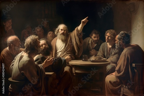 digital illustration of Socrates preaching philosophy in Athens, detailed Parthenon, earthy tones, solemn atmosphere, intense. generative ai