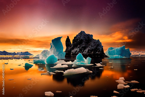 Antarctic ocean, iceberg landscape, turquoise and blue water, sunny day. Multi color illustration.