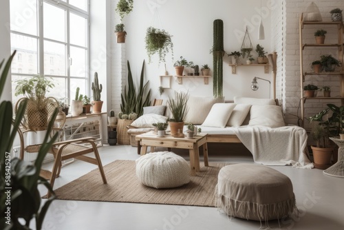 white living room décor, White cushions and potted plants, bohemian seaside fresh decor lounge living room. Generative AI © AkuAku