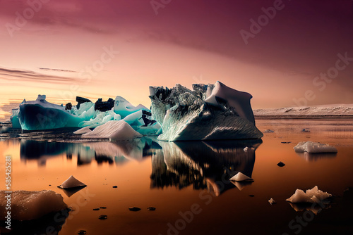 Antarctic ocean, iceberg landscape, turquoise and blue water, sunny day. Multi color illustration.
