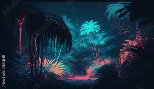 Tropical forest illustration with neon glow and vivid