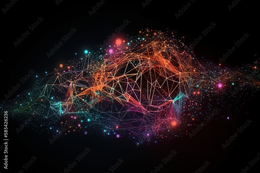 Abstract polygonal background from lines, dots and glowing particles with plexus effect. Artificial intelligence connectivity or technology concept., Generative AI