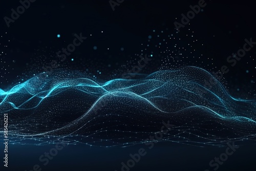 Blue background, digital signature with wave particles, sparkle, veil and space with depth of field. The particles are white light lines. , Generative AI