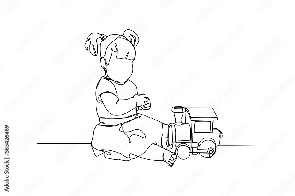 Continuous one-line drawing girl playing toy train. Children day concept. Single line drawing design graphic vector illustration