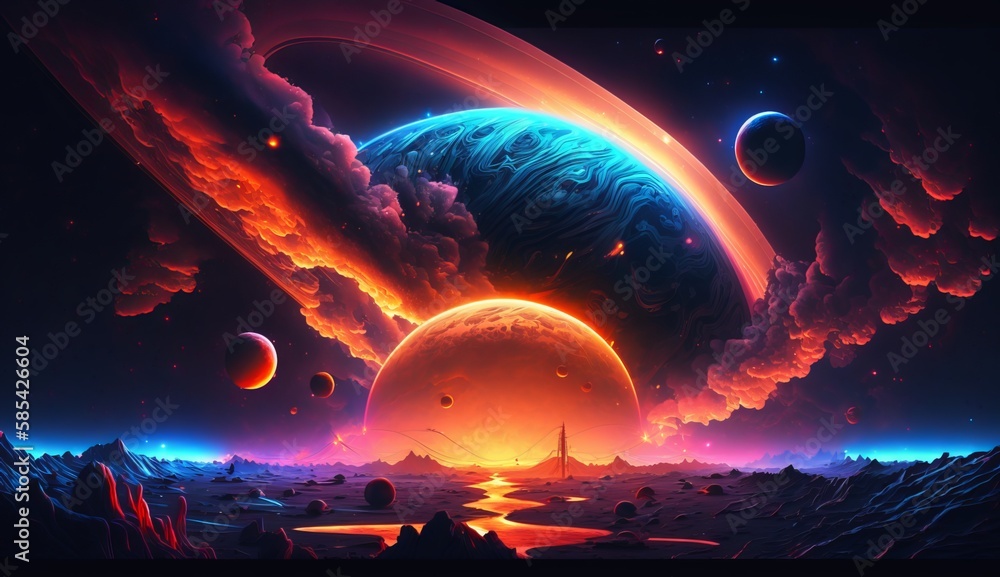 Outer space illustration with neon glow and vivid Outer space illustration with neon glow and vivid