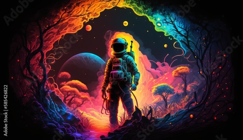 Outer space illustration with neon glow and vivid