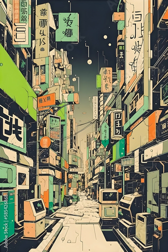Anime Japan City retro halftone, anime and manga illustration, Generative AI