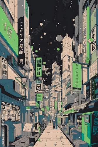 Anime Japan City retro halftone, anime and manga illustration, Generative AI