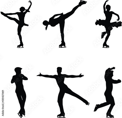 set young female and male athlete skaters in figure skating black silhouette on white background, sports vector illustration