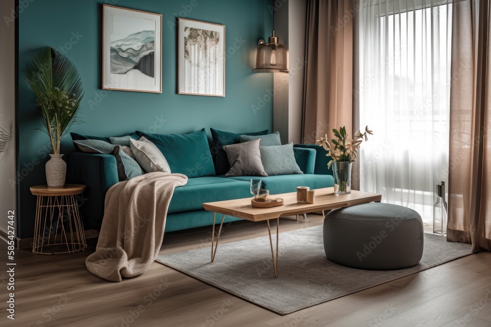 A contemporary tiny living area with a couch and a glass topped wood table. Generative AI A contemporary tiny living area with a couch and a glass topped wood table. Generative AI
