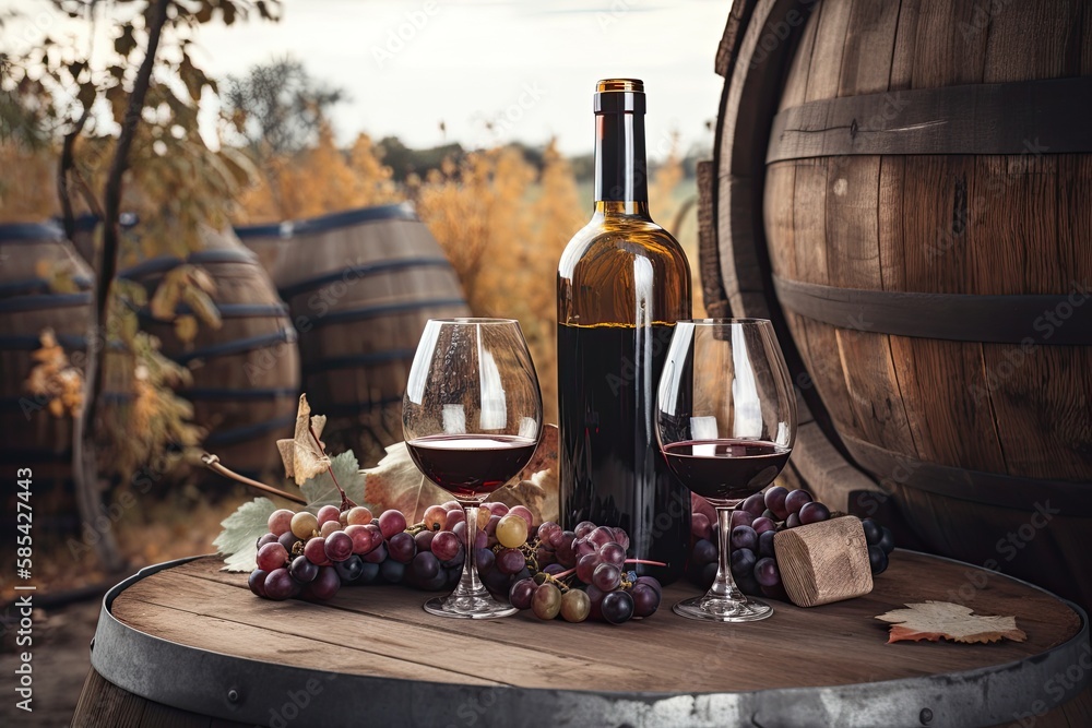At the Winery: Enjoy a Bottle of Red Wine and a Glass of Wine Among Barrels and Grapes. Generative AI