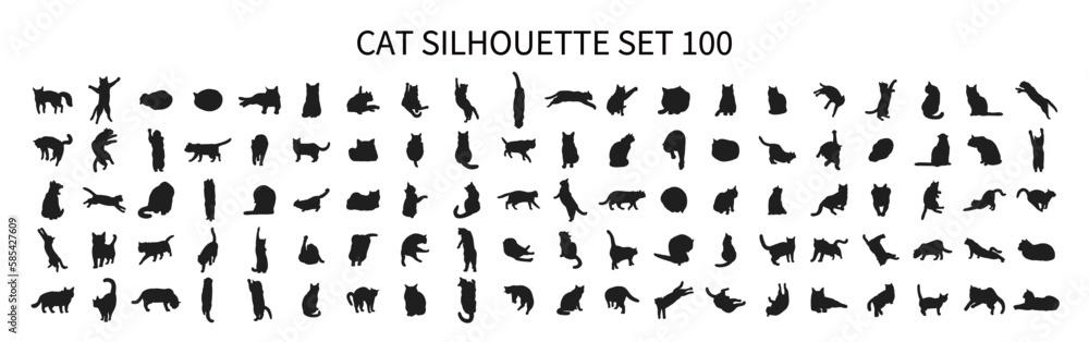 Cute cat silhouette set 100 in various poses