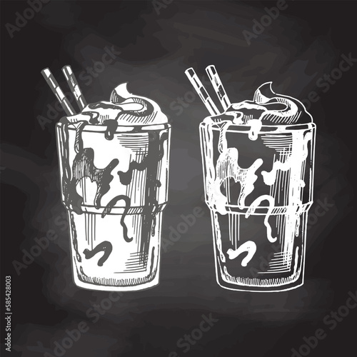 A hand-drawn sketch of glass of chocolate milkshake isolated on chalkboard background. Vintage, doodle illustration. Element for the design of labels, packaging and postcards.
