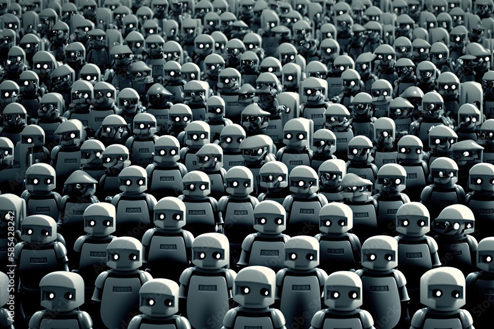 Fototapeta premium Robot crowd in rows. Robot army. Created with Generative AI