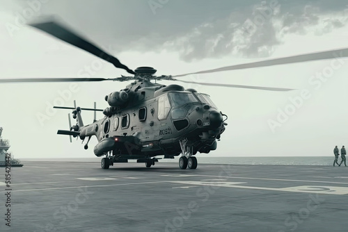 Military helicopter on warship board in the sea. Navy helicopter on board the aircraft carrier. Created with Generative AI