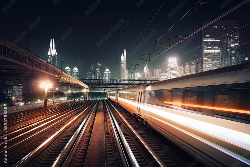 Modern high speed train at night. Fast train in city with motion blur effect, Public transport. Railway transportation. Created with Generative AI Modern high speed train at night. Fast train in city with motion blur effect, Public transport. Railway transportation. Created with Generative AI