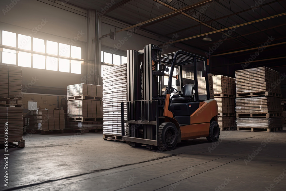 Forklift for loading pallets with packages in warehouse interior. Commercial distribution warehouse with shelves and boxes. Created with Generative AI