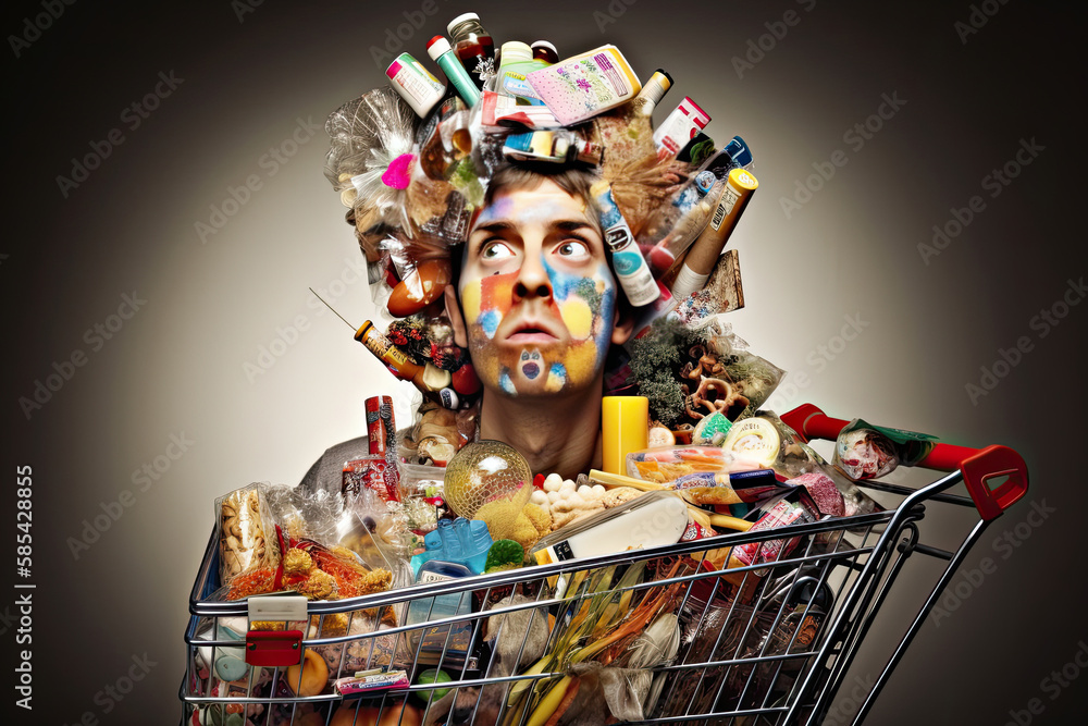 Woman with shopping cart full of different goods. Concept of shopaholism and overconsumption. Female consumer thinking about future purchasing. Created with Generative AI - obrazy, fototapety, plakaty 