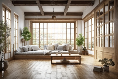 Japanese wooden living room and white project draft. Fabric couch, beams ceiling, window, and decors. Farmhouse decor,. Generative AI © AkuAku