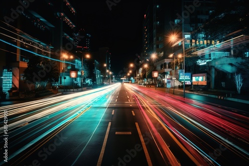 Light Trails On Road At Night, Generative AI
