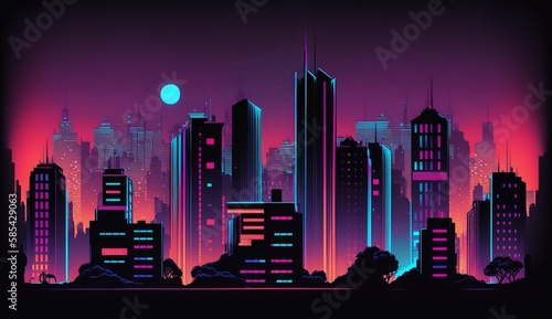 Vector night city illustration with neon glow and vivid
