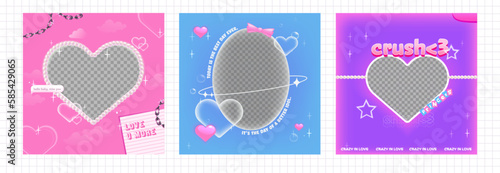 A pack of heart-shaped y2k frames. Vector illustration for social media photo. Metal chain and pearls and soft aura glow. Korean style banner design.