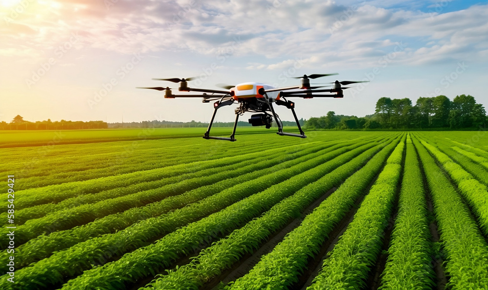 Drone Spraying Fertilizer on Lush Vegetable Green Plants for Efficient Crop Management. Generative AI Drone Spraying Fertilizer on Lush Vegetable Green Plants for Efficient Crop Management. Generative AI