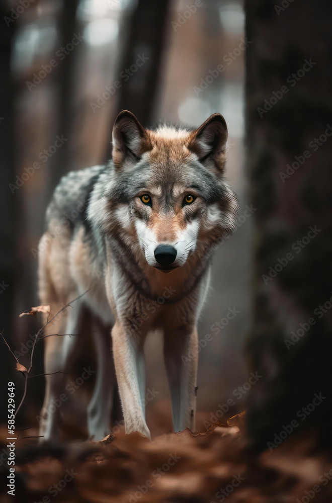 Portrait of a gray wolf in forest. Scene of wild nature. Generative AI.