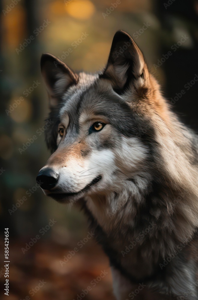 Portrait of a gray wolf in forest. Scene of wild nature. Generative AI.