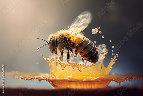 close up honey bee with honey, hyper realistic macro photography of honey bee. generative ai 