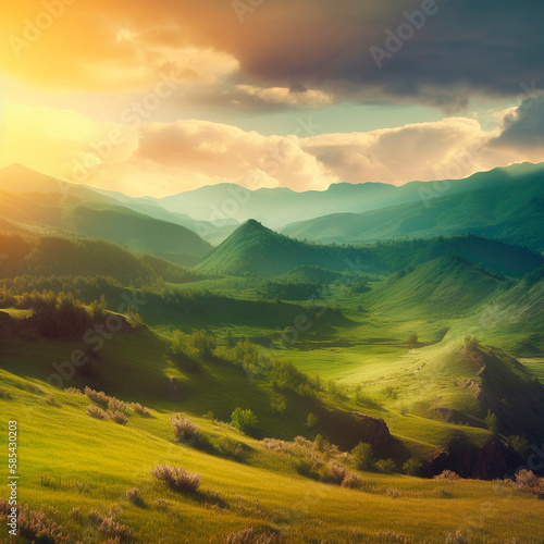 Beautiful summer landscape with mountains, hills and nature. High quality illustration