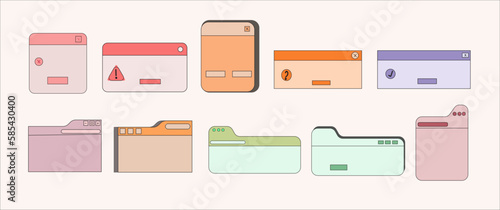 Set of UI Elements, Browser Window Templates, Notifications, Widgets. Old Dialog Window of Error Alert, Warning, Information, Attention and Success Messages