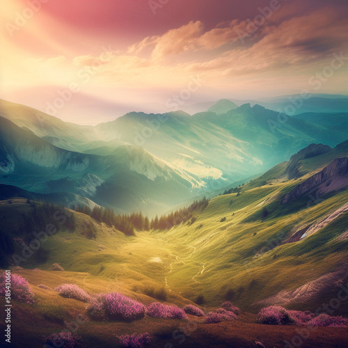 Beautiful summer landscape with mountains  hills and nature. High quality illustration