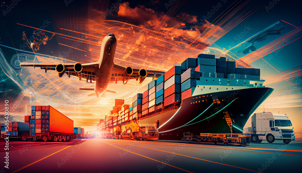 Double exposure of Industrial Container Cargo freight ship, truck ...