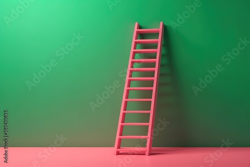 Pink ladder on a green background with copy space. , Generative AI