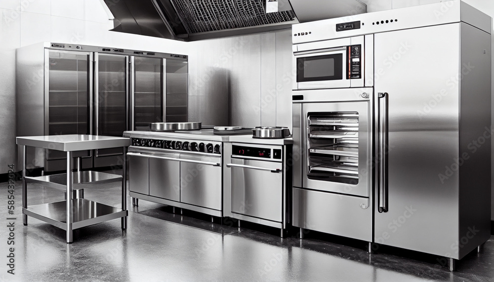 Professional kitchen, view counter in stainless steel. Professional kitchen, view counter in stainless steel.