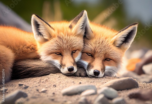 Wild baby red foxes cuddling at the beach, June 2020, Nova Scotia, Canada. Generative AI © Zoe