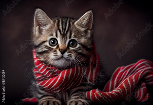 Cute Striped Kitten in a Red Scarf. Generative AI © Zoe