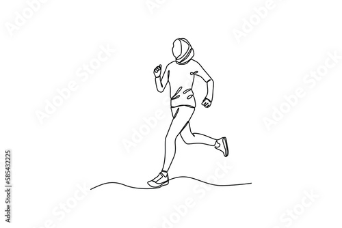 Single one-line drawing muslim women jogging to maintain health. World health day concept. Continuous line drawing design graphic vector illustration.
