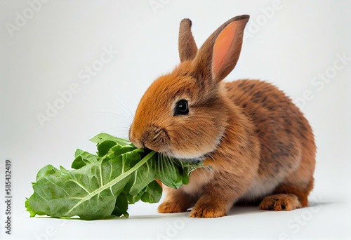 a rabbit eating a carrot with a leafy green leafy plant in its mouth and a white background. Generative AI