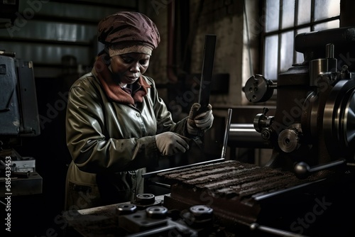 Determined Black woman factory worker operating industrial machine