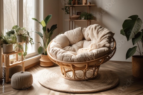 Rattan papasan chair with beige cushion in contemporary boho environment with hardwood floor and green bouquet. Generative AI photo
