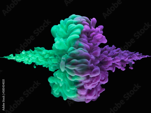 水中で衝突する絵の具 , 紫と緑3, 黒背景