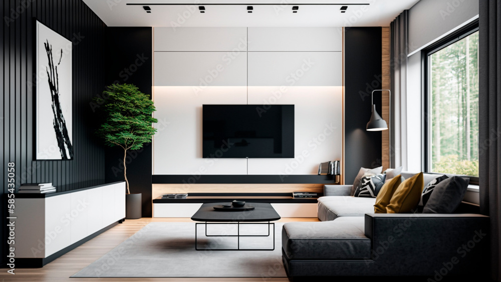 A living room with a tv on the wall and a black and white wall with a plant on it, generative ai A living room with a tv on the wall and a black and white wall with a plant on it, generative ai