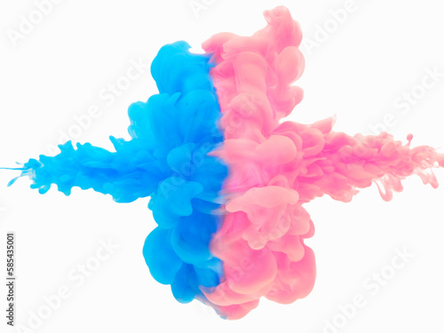 水中で衝突する絵の具 , 青とピンク2 , 白背景